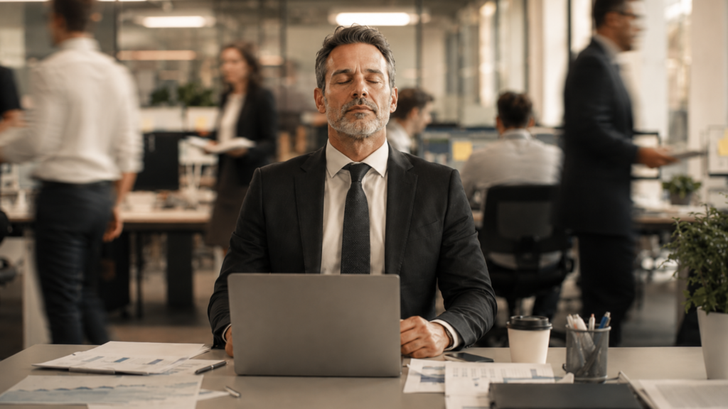 A business man taking the advice of breathe before you react