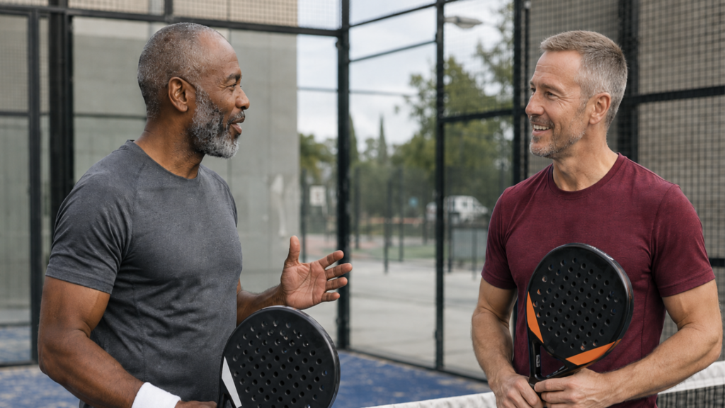 Your Whole-Day Health Score: How to Improve Energy, Focus and Longevity. Two men playing padel tennis