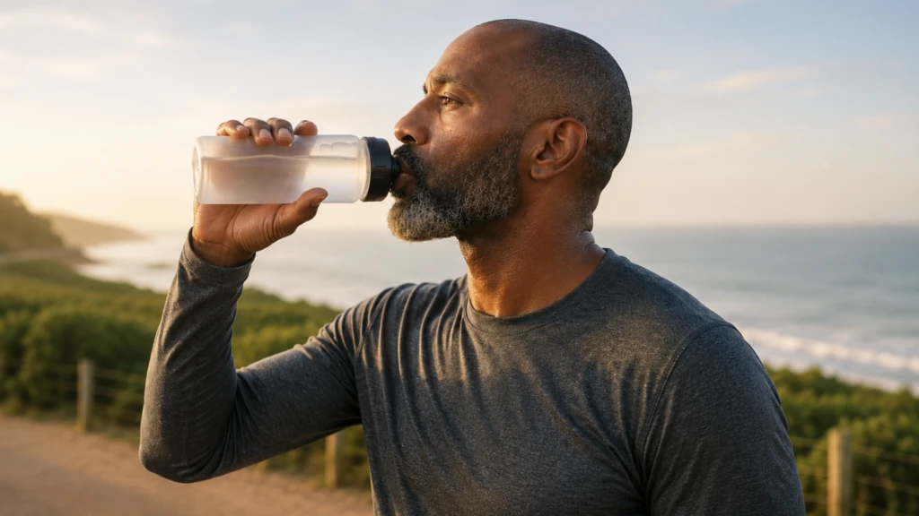 Hydration for men over 40 is epitomised in this image of a man drinking from a water bottle after an early morning run on the beach