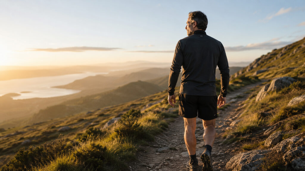 A man in dark athletic clothing walks along a mountain path at golden hour, looking out across the landscape.