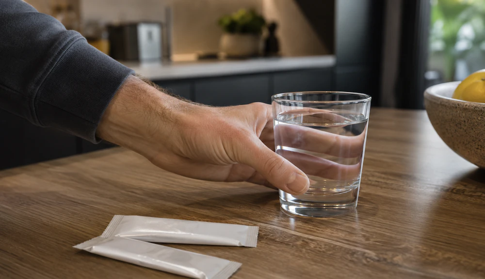 What I Learned from my first 72 hour fast. Image shows a glass of water with electrolytes and a man reaching for it.