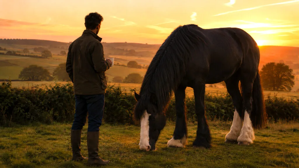 Man standing beside a horse in a countryside field at sunrise, reflecting on everyday life and success.