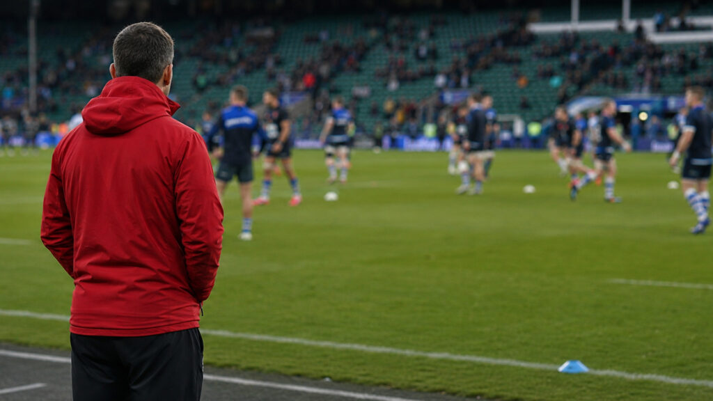 Johan van Graan, seen from behind in a red tracksuit top, watches Bath Rugby players during warm-up on the pitch.