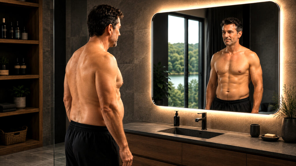 Fit middle-aged man outdoors looking lean and confident after improving his health through sustainable lifestyle habits.