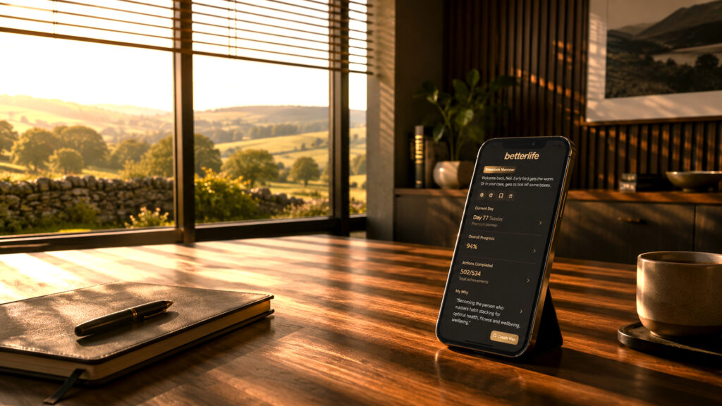 A premium modern office workspace with warm morning light streaming through slatted blinds, featuring a smartphone displaying the Better Life app on a minimalist wooden desk overlooking rolling countryside.