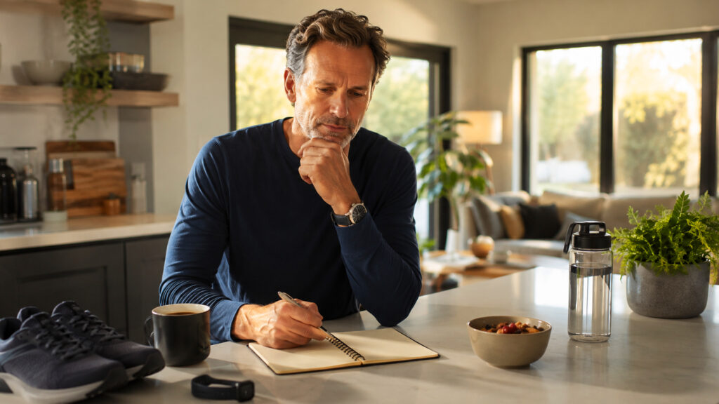 A man sits at a kitchen island with a notebook, coffee, water bottle and trainers, planning his first health priority.