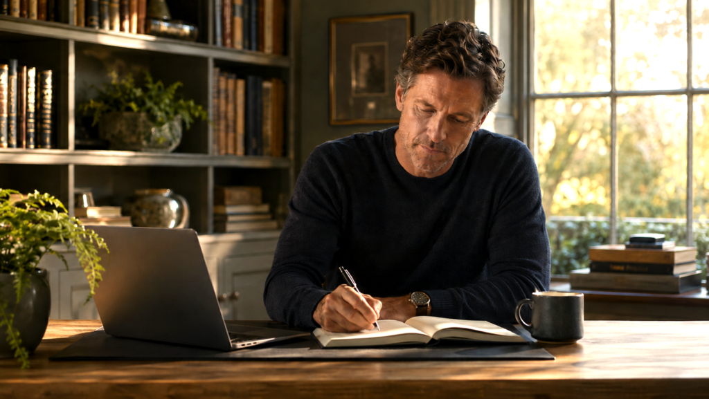 A man sits in a warm study with a laptop and notebook, writing at a wooden desk beside a window.