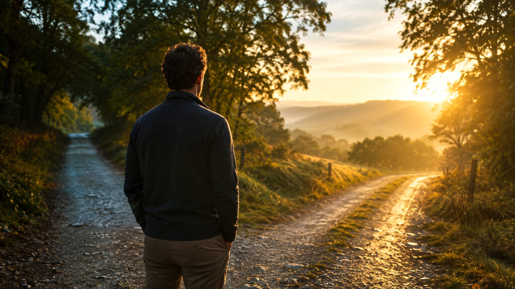 A man stands at a fork in a rural track at golden hour, looking towards two paths through the countryside.