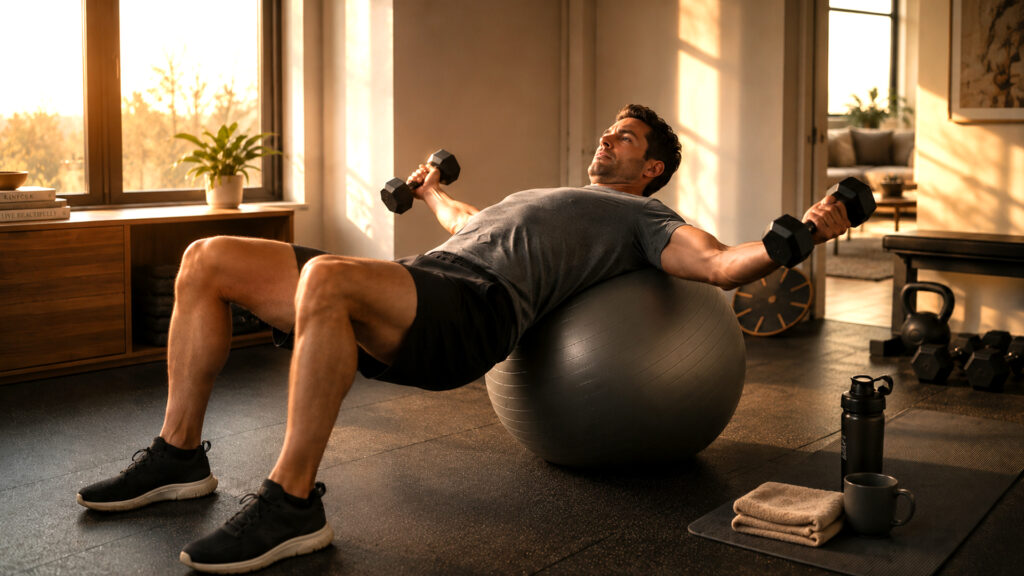 A man training with weights in a calm home gym environment, focused on controlled movement and strength.
