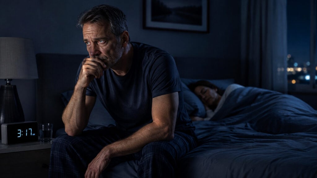 Middle-aged man sitting awake on the edge of his bed during the early hours while his partner sleeps beside him.