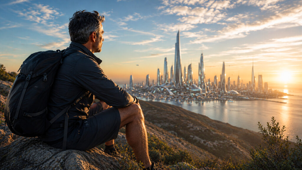 Fit middle-aged man looking towards a futuristic city skyline, representing health, ageing and the possibility of future medical advances.