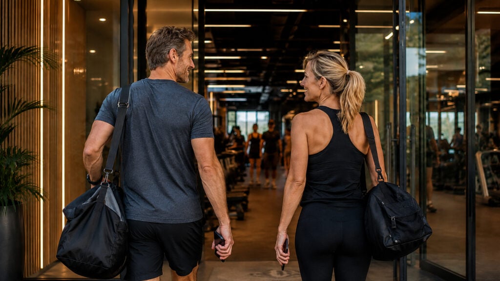 Woman in her late thirties using her smartphone while preparing for a strength workout in a premium contemporary gym.