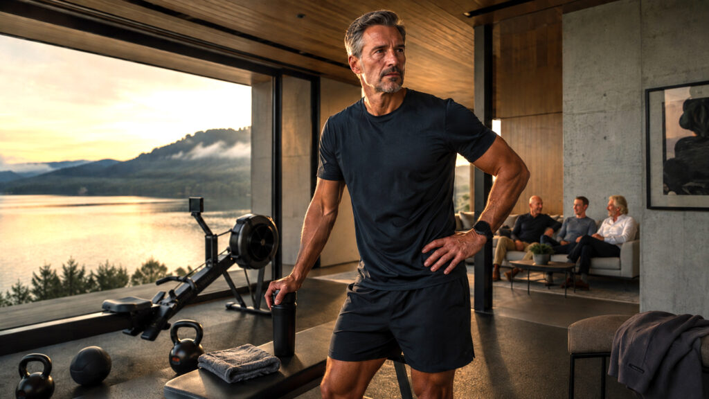 Fit middle-aged man in black sportswear standing in a luxury lakeside home gym, with three business leaders seated behind him.