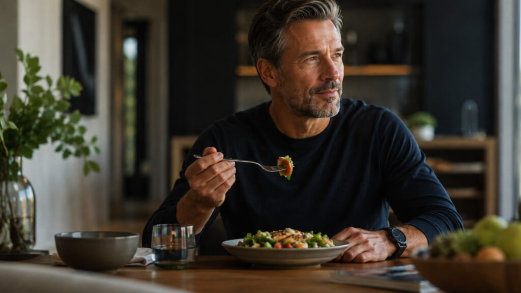 Healthy middle-aged man enjoying a relaxed meal at home after losing weight, representing sustainable weight maintenance.
