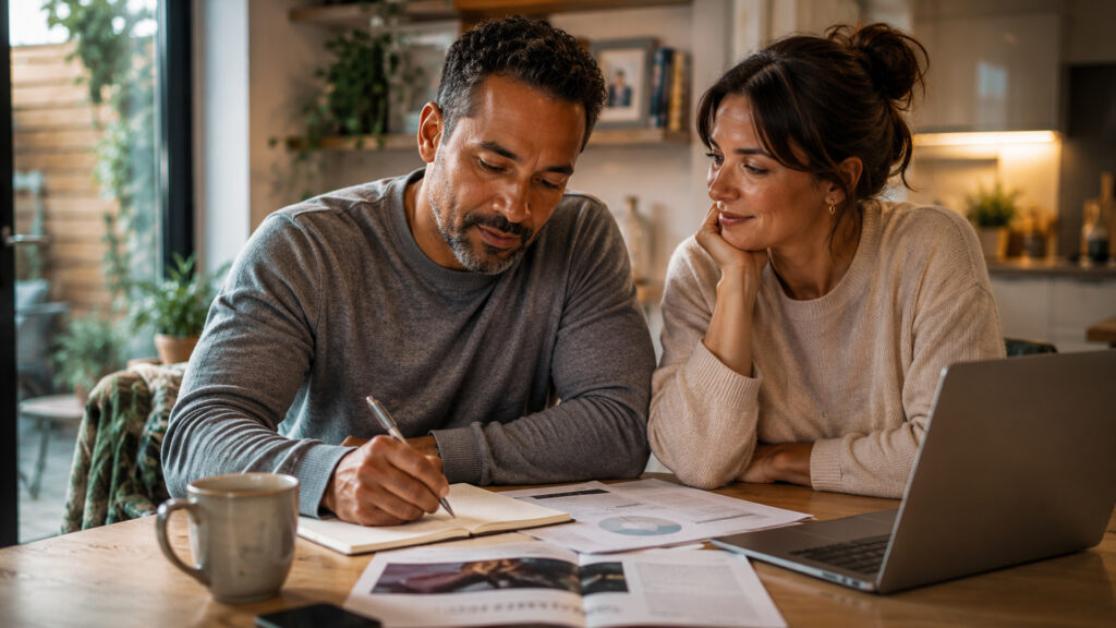 Middle-aged man and his female partner sitting at their kitchen table together, reviewing plans and making notes.