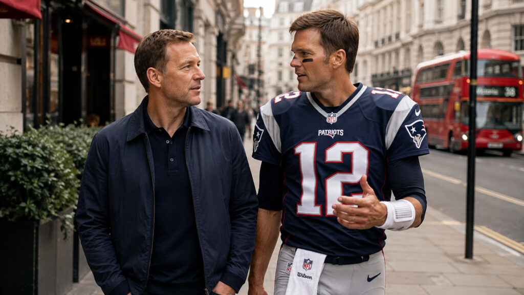 Two men walking through a London street in conversation, one wearing American football kit.