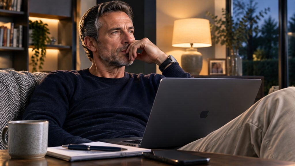 Thoughtful middle-aged man sitting on a sofa at home during the evening, reflecting after work while struggling to mentally switch off.