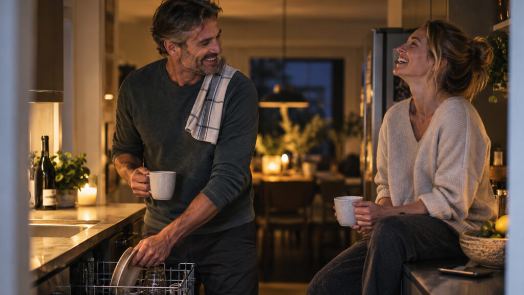 Couple laughing together in their kitchen while the man unloads the dishwasher and the woman sits nearby holding a mug.