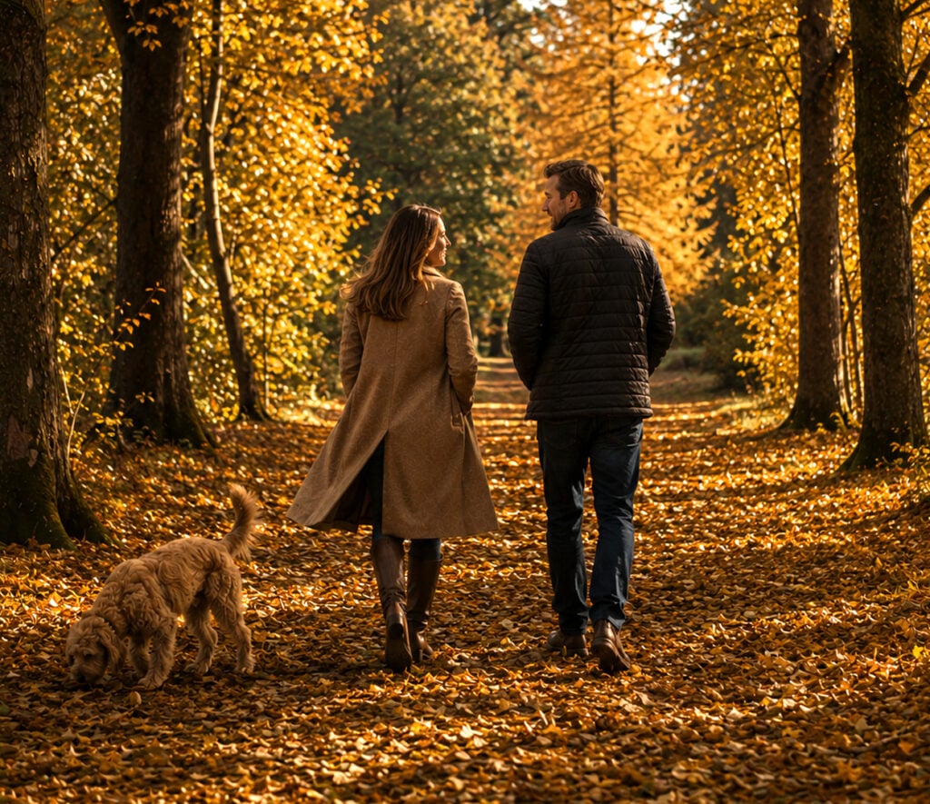 Couple walking their dog through a sunlit woodland covered in autumn leaves.