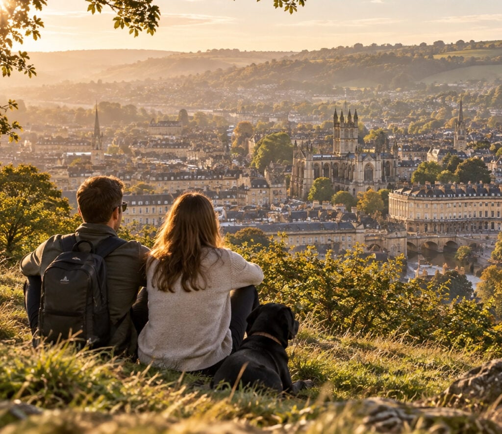 Couple sitting with their dog overlooking Bath in warm autumn light.