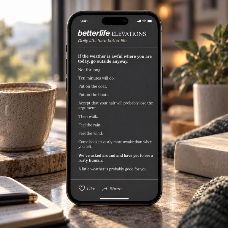 Better Life Elevation displayed on a smartphone beside a coffee in a calm, sunlit home setting.