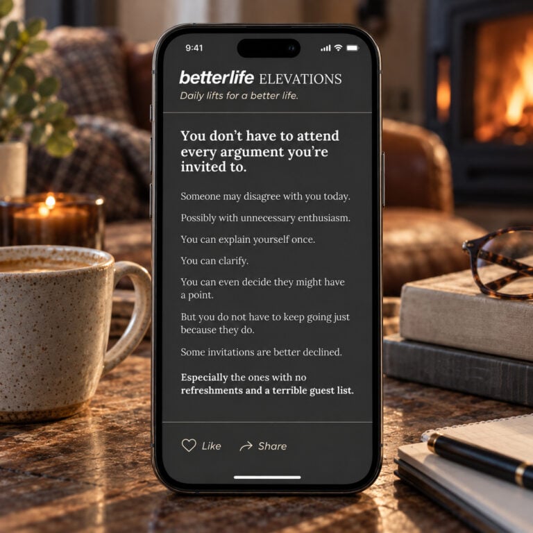 Better Life Elevation about choosing not to engage in every argument, displayed on a smartphone beside coffee in a warm fireside setting.
