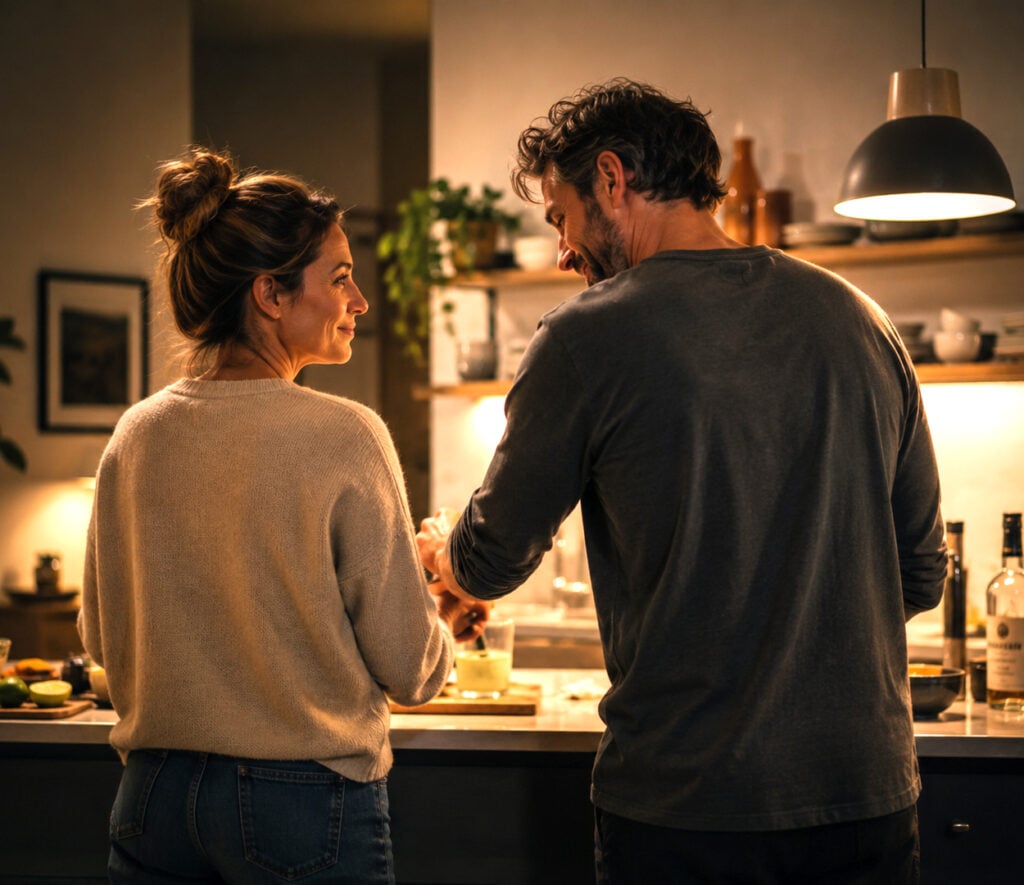 Couple sharing a relaxed conversation together in their kitchen during an ordinary evening at home.