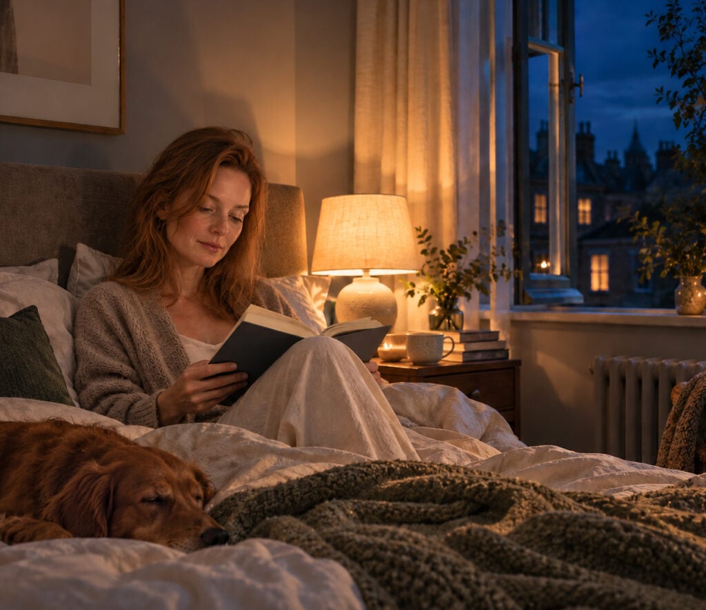 Woman reading in bed beside her sleeping dog during a calm evening wind-down routine.
