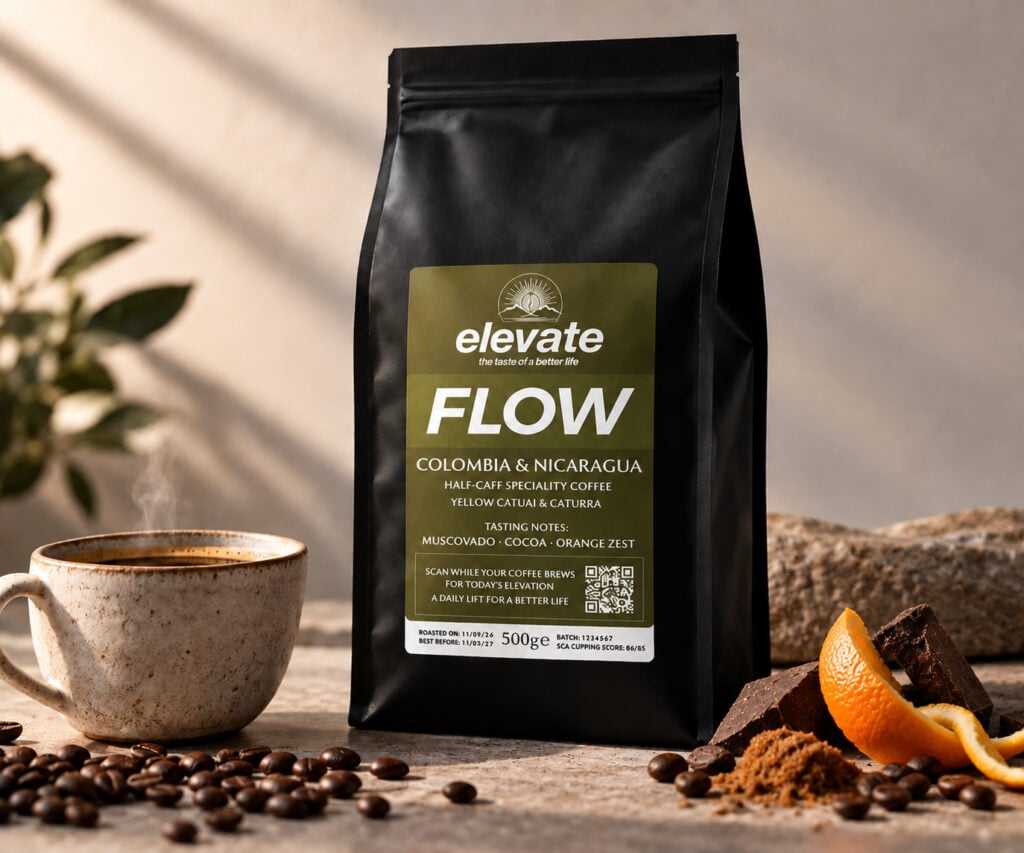 Elevate FLOW half-caff specialty coffee from Colombia and Nicaragua with coffee, cocoa and orange zest.
